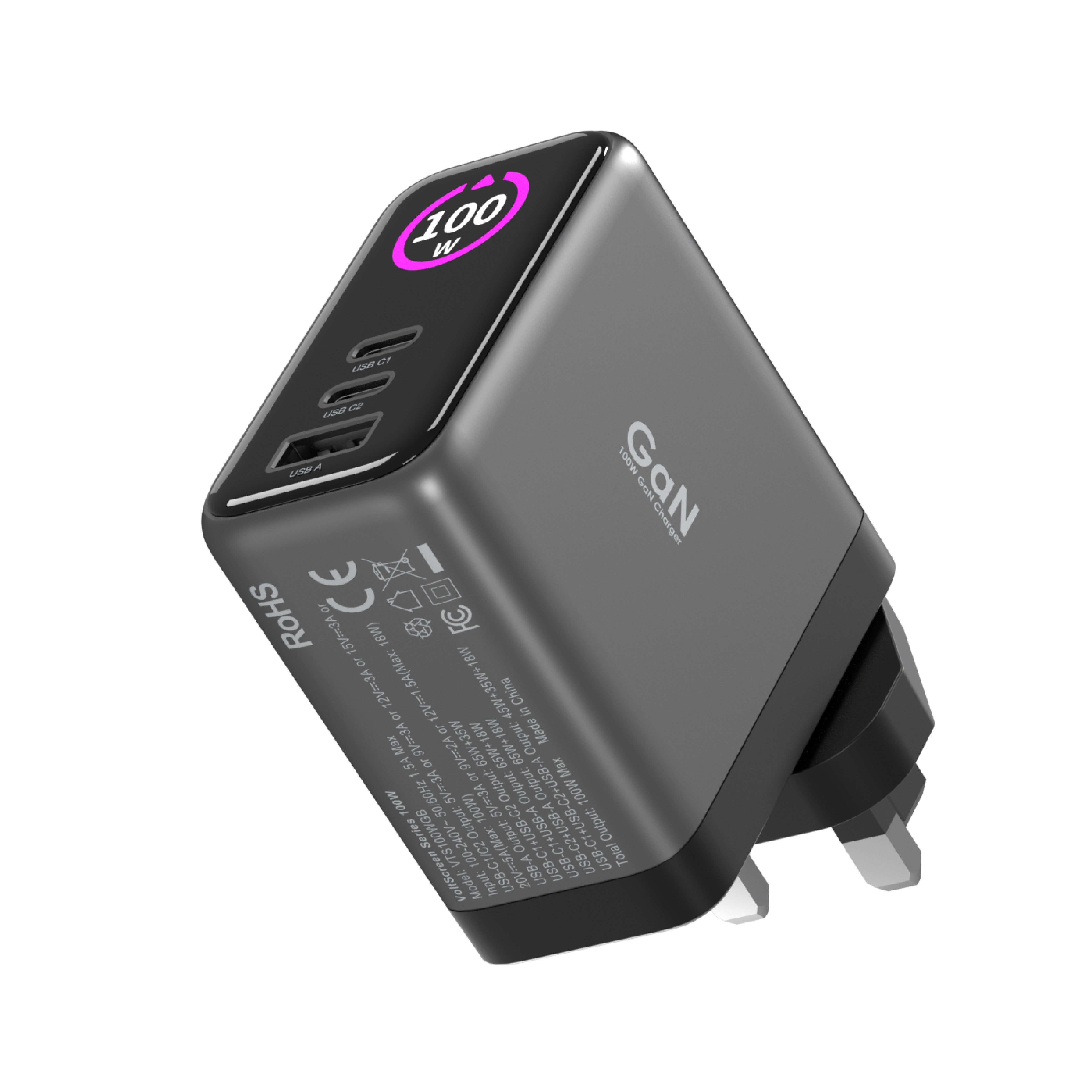 LZEL 100W GaN Travel Charger with 3-Port PD Digital Display & UK/EU/AU Plugs | Gray/Black LZEL 100W GaN Travel Charger with 3-Port PD Digital Display & UK/EU/AU Plugs | Gray/Black